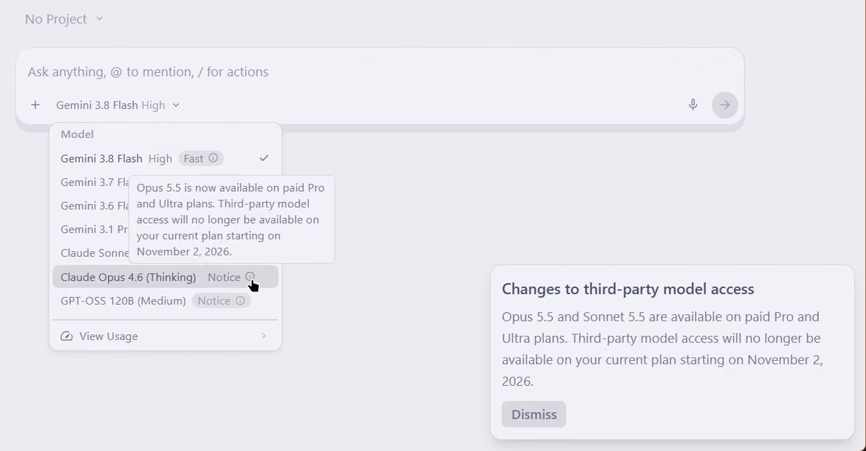 Antigravity notice reports Claude 5.5 availability and third-party access changes beginning November 2, 2026.