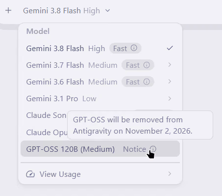 Antigravity notice reports that GPT-OSS 120B will be removed from Antigravity on November 2, 2026.