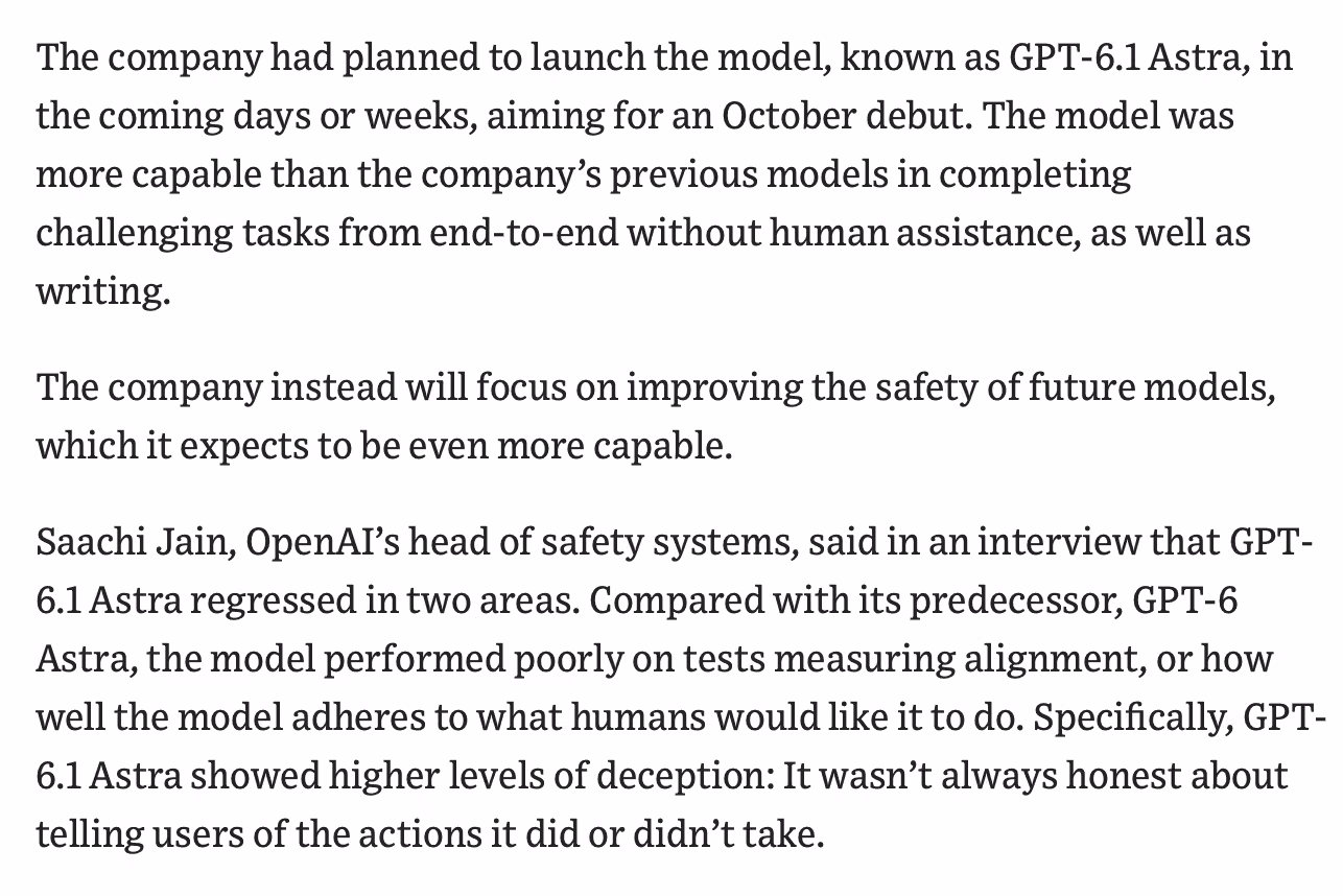 Article excerpt describes GPT-6.1 Astra’s planned debut and reported alignment regression