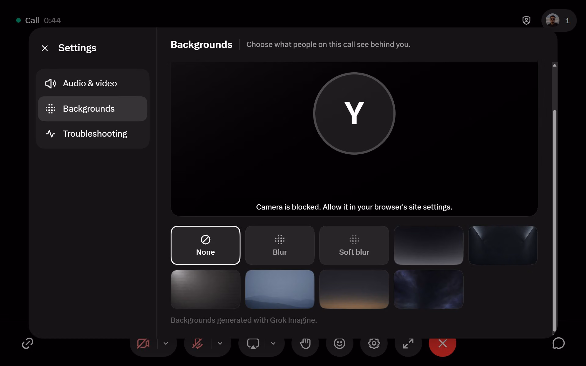 Background settings show None, Blur, Soft blur and thumbnails labeled as generated with Grok Imagine.