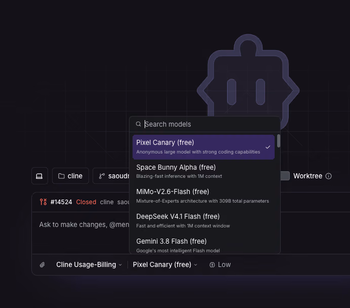 Cline desktop model picker shows Pixel Canary selected and labeled free