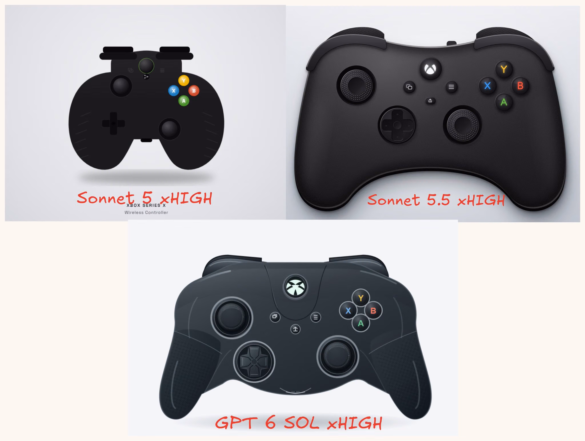 Controller collage labeled “Sonnet 5 xHIGH,” “Sonnet 5.5 xHIGH,” and “GPT 6 SOL xHIGH”