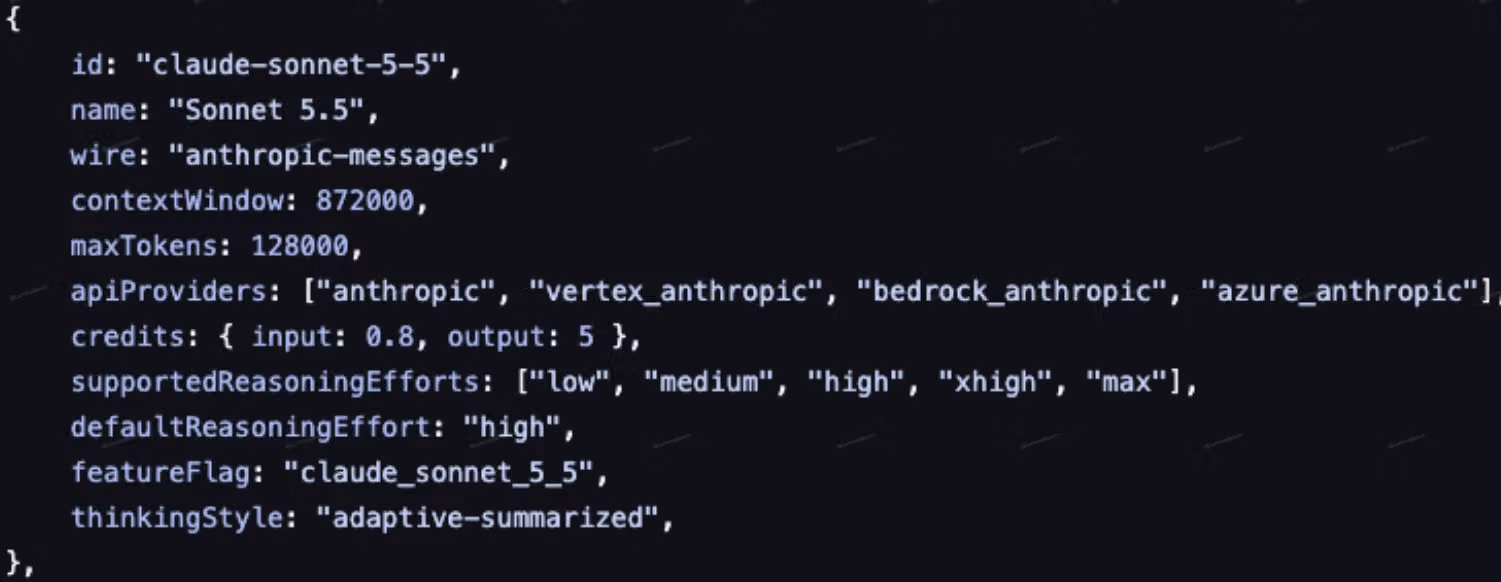 Droid registry screenshot reportedly lists Sonnet 5.5 context, output, providers and reasoning settings.