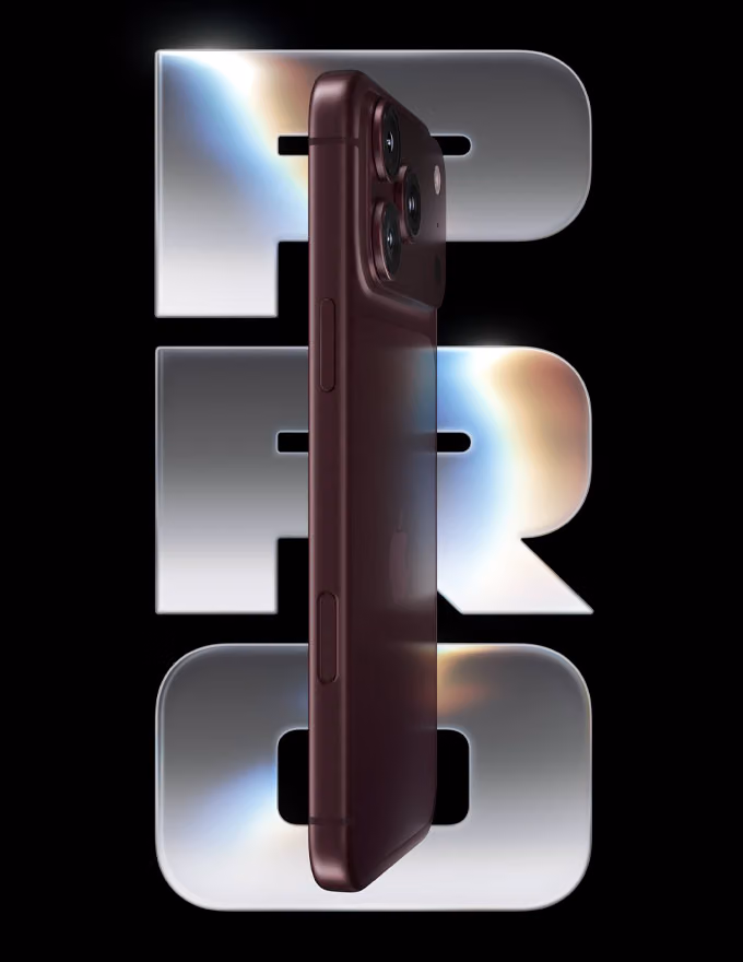 iPhone 18 Pro, angle view, behind it are bold letters 'PRO' in color metallic