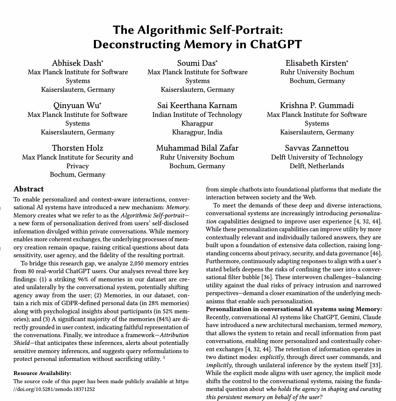 Abstract of "The Algorithmic Self-Portrait: Deconstructing Memory in ChatGPT", listing 2,050 memory entries from 80 users and the 96% figure