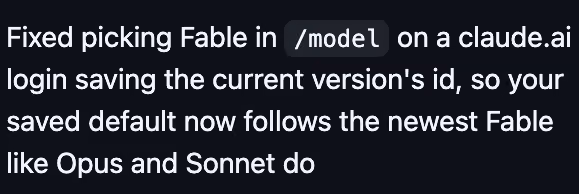 Screenshot text describes a saved Fable choice following the newest model like Opus and Sonnet.