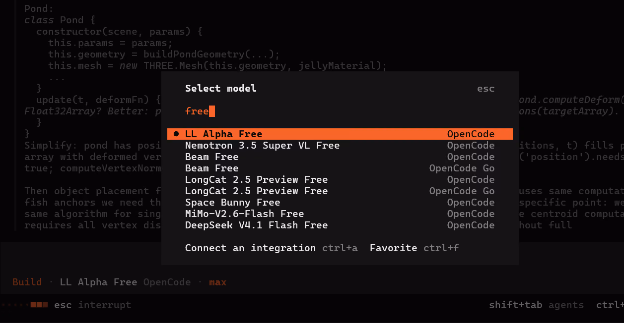 OpenCode model picker filtered to free, with LL Alpha Free selected above Nemotron, Beam, LongCat, Space Bunny, MiMo and DeepSeek entries