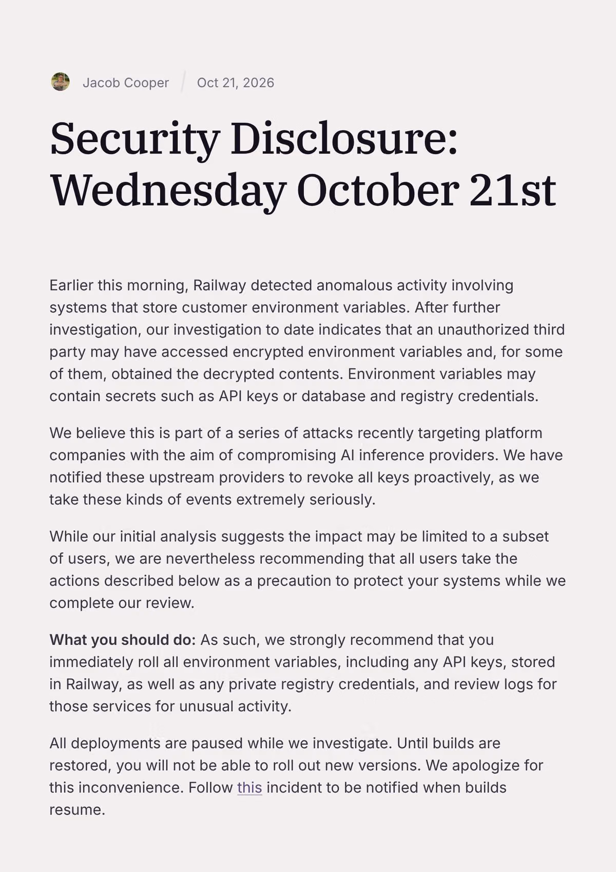 Screenshot of Railway's October 21 security disclosure, which describes unauthorized access to encrypted environment variables and some decrypted contents.