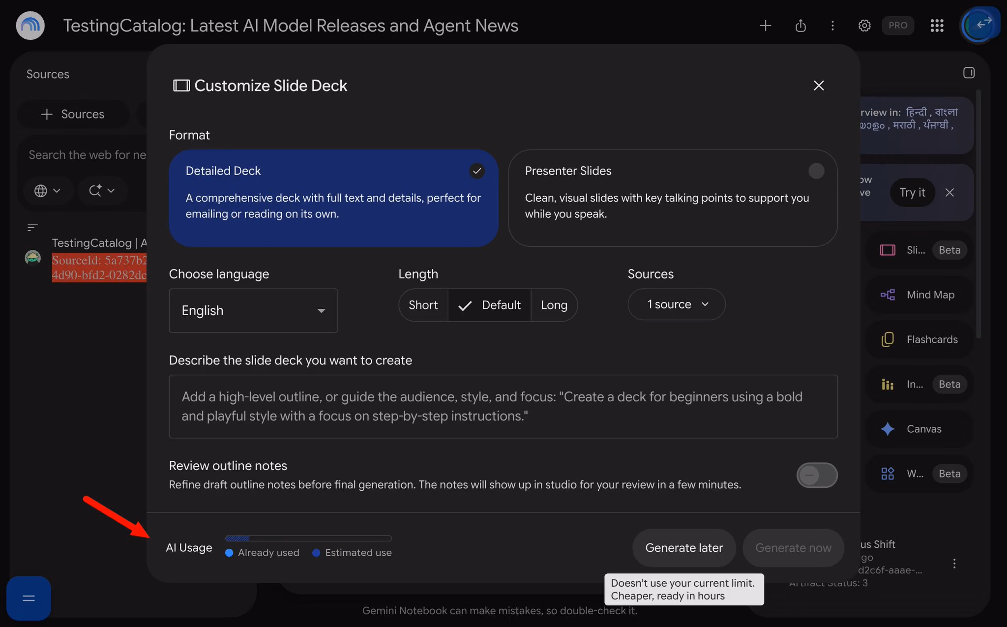 Gemini Notebook dialog showing AI usage estimates and Generate later for a slide deck.