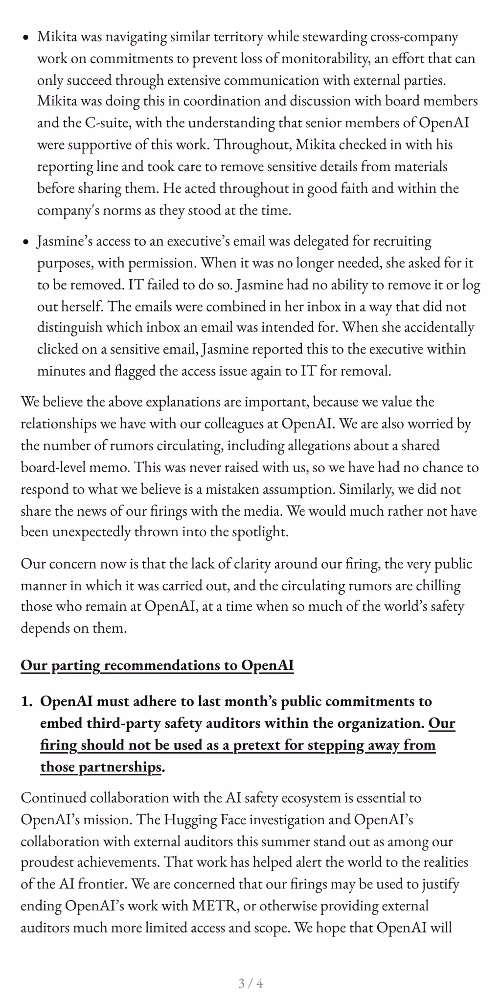 Letter page with the first recommendation, asking OpenAI to keep its commitments to embed third-party safety auditors.