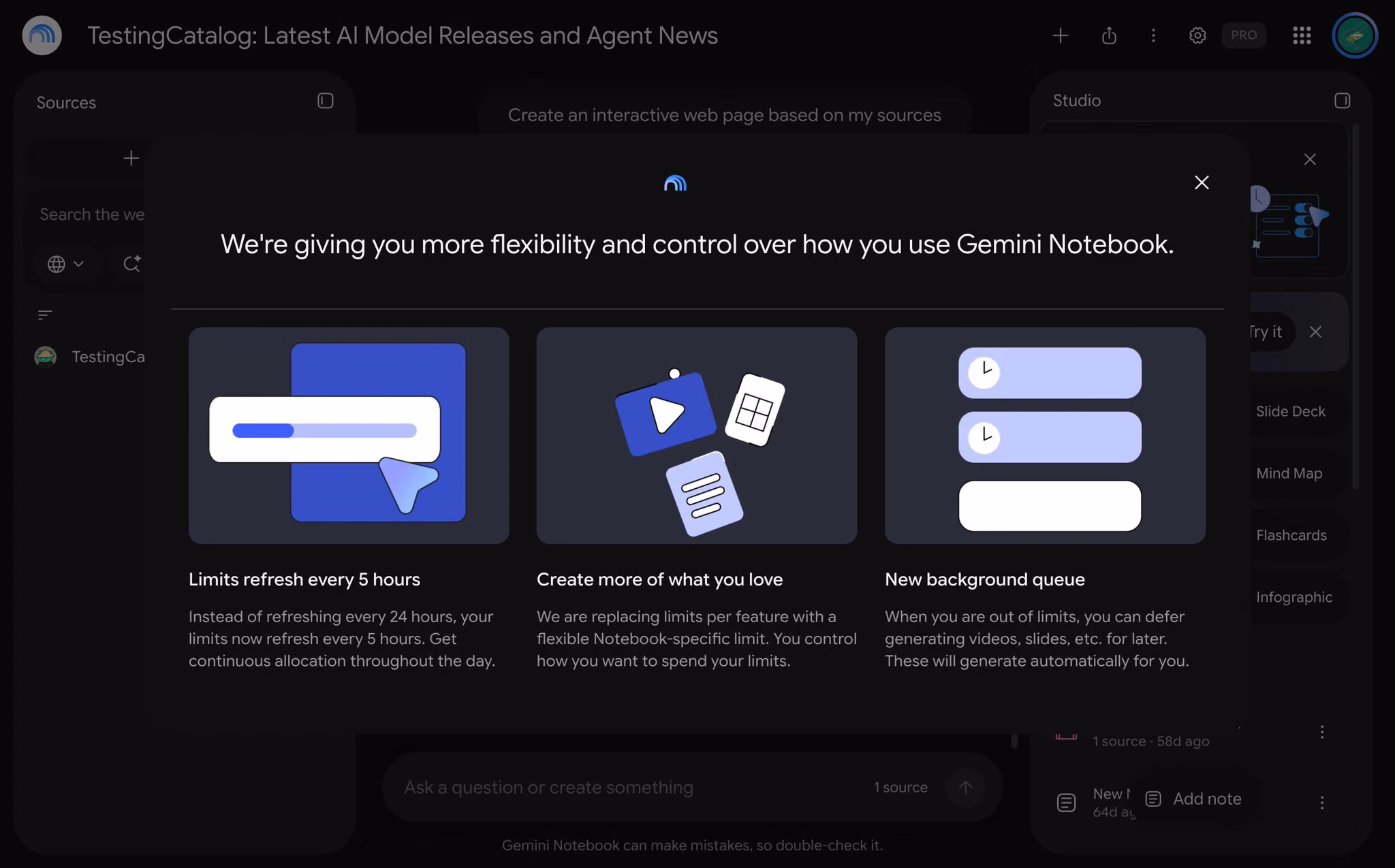 Gemini Notebook screen describing five-hour limit refreshes, flexible usage and a new background queue.