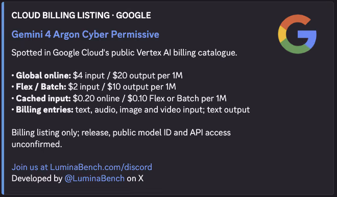 Reported Vertex AI billing image lists Gemini 4 Argon rates and modalities while noting launch and API access remain unconfirmed.