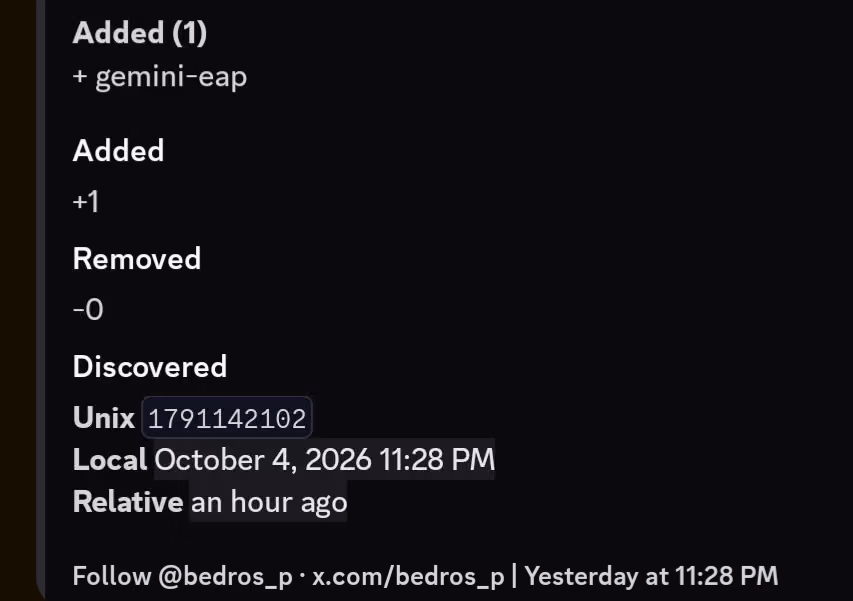 Tracker screenshot shows one added quota entry named gemini-eap, with no removed entries recorded.