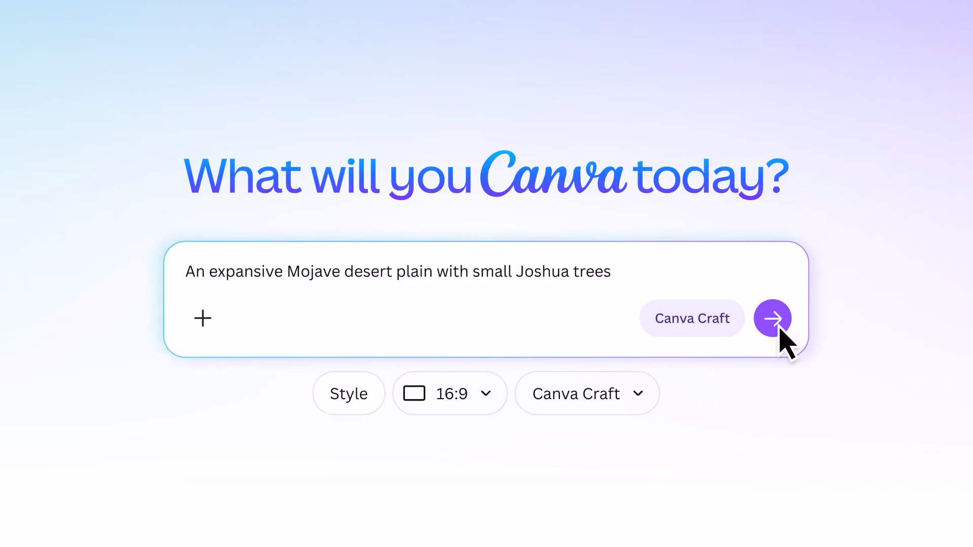 Canva's promotional image showing a prompt box with Canva Craft selected and a 16:9 aspect ratio.