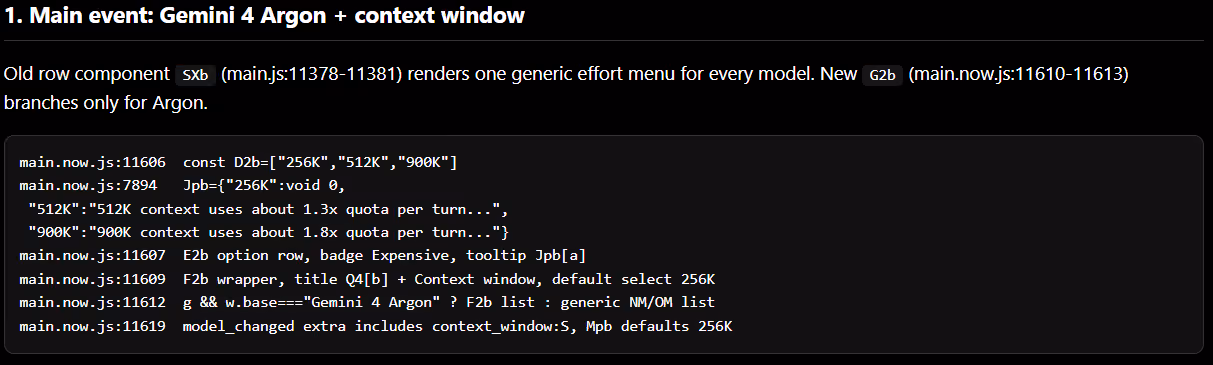 Screenshot of code excerpts from main.now.js showing Gemini 4 Argon context-window options and quota multiplier labels.
