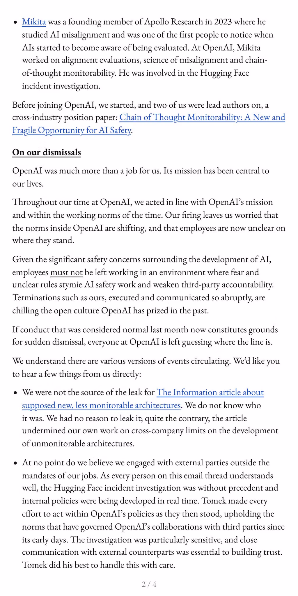 Letter page describing the researchers’ account of the dismissals and their points about the Hugging Face investigation.