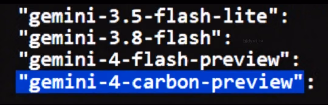 Cropped list of Gemini model strings with gemini-4-carbon-preview highlighted below gemini-4-flash-preview