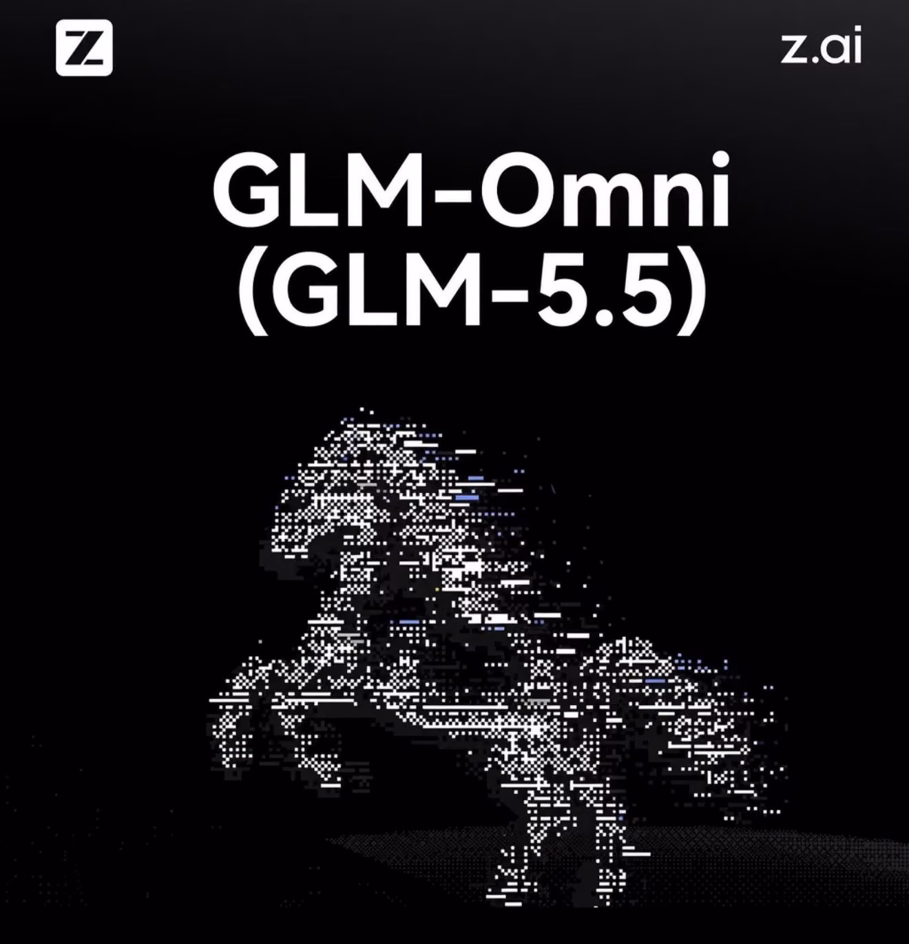 Poster-style graphic with the Z.ai logo and the text "GLM-Omni (GLM-5.5)" above a pixelated rearing horse