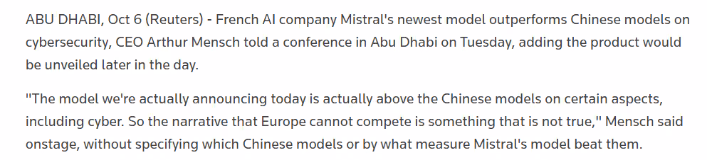 Reuters excerpt shared in the post quotes Arthur Mensch on Mistral’s model and reported cybersecurity performance