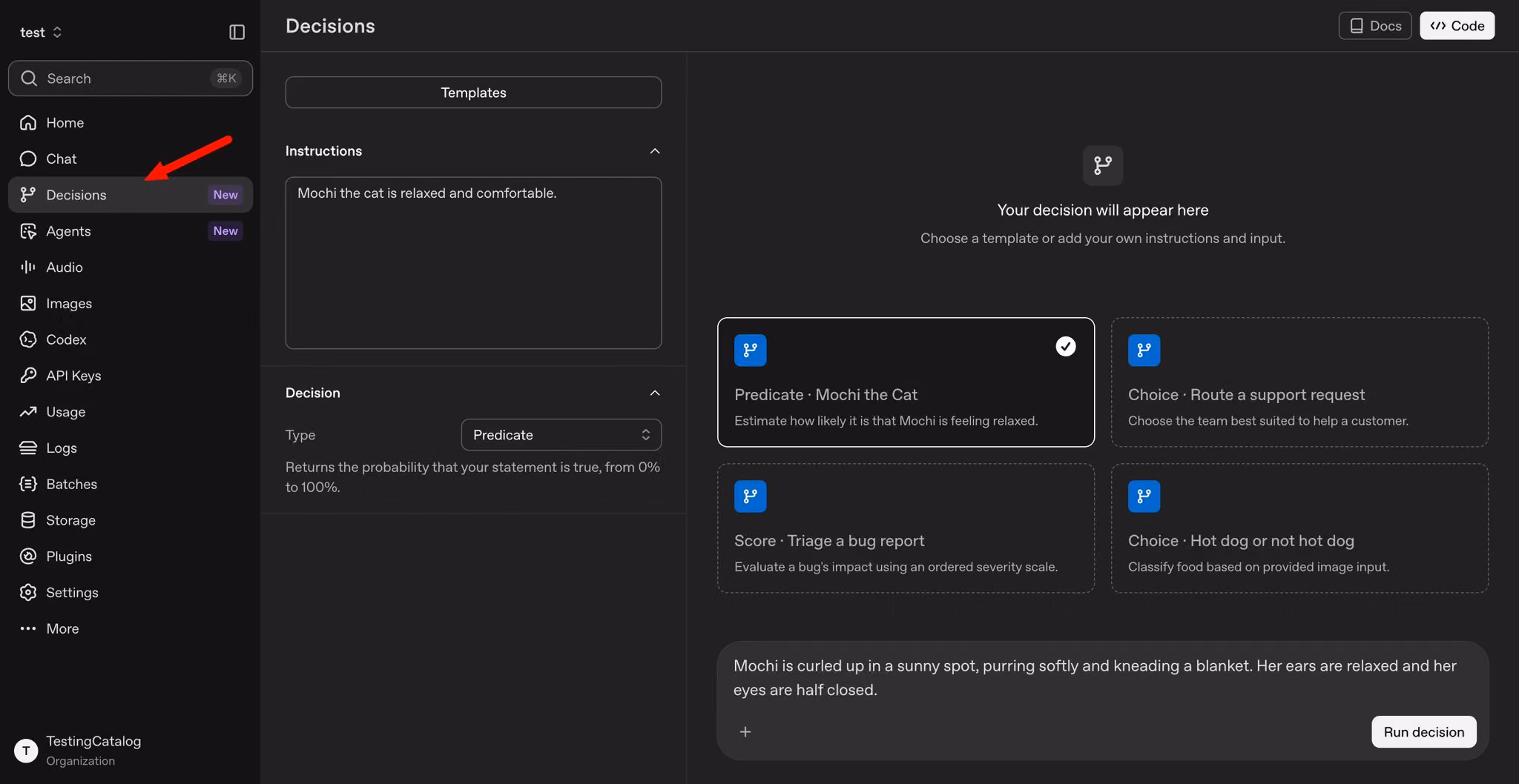 OpenAI Platform sidebar with a new Decisions tab, showing four templates and a Mochi the Cat predicate example