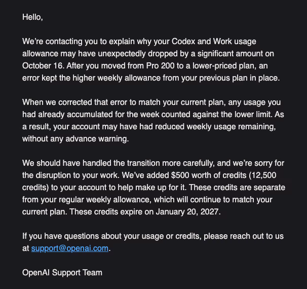 OpenAI Support email apologising for the October 16 allowance drop and adding $500 in credits