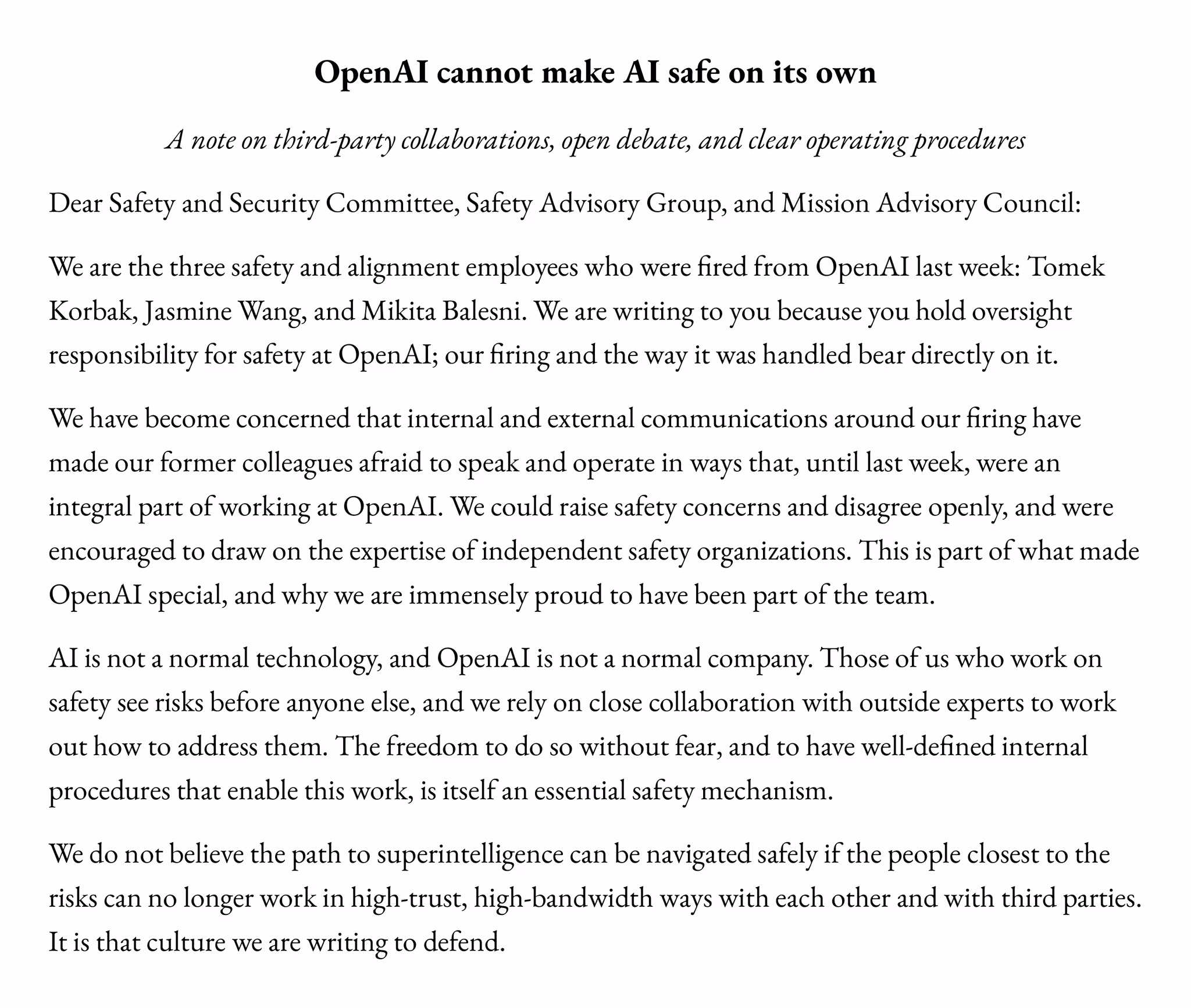 First page of the open letter, titled “OpenAI cannot make AI safe on its own,” addressed to OpenAI’s oversight committees.