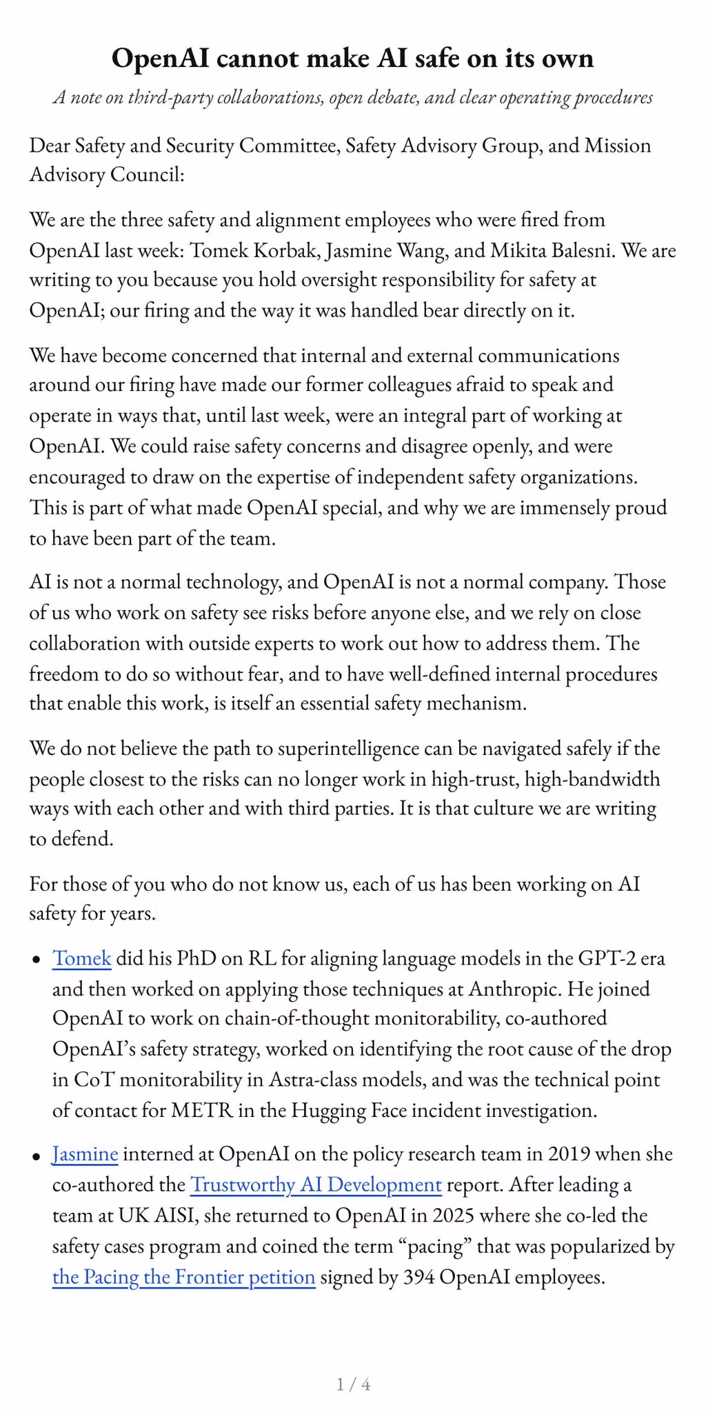 Letter page with short biographies of the three signers and their AI safety work.