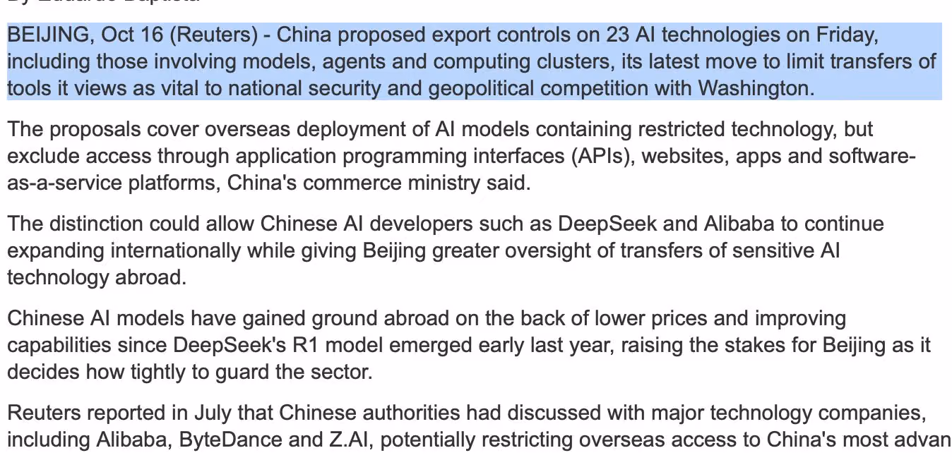 Reuters article text on China's proposed export controls, with the lead paragraph highlighted and the API, website and app exclusion described