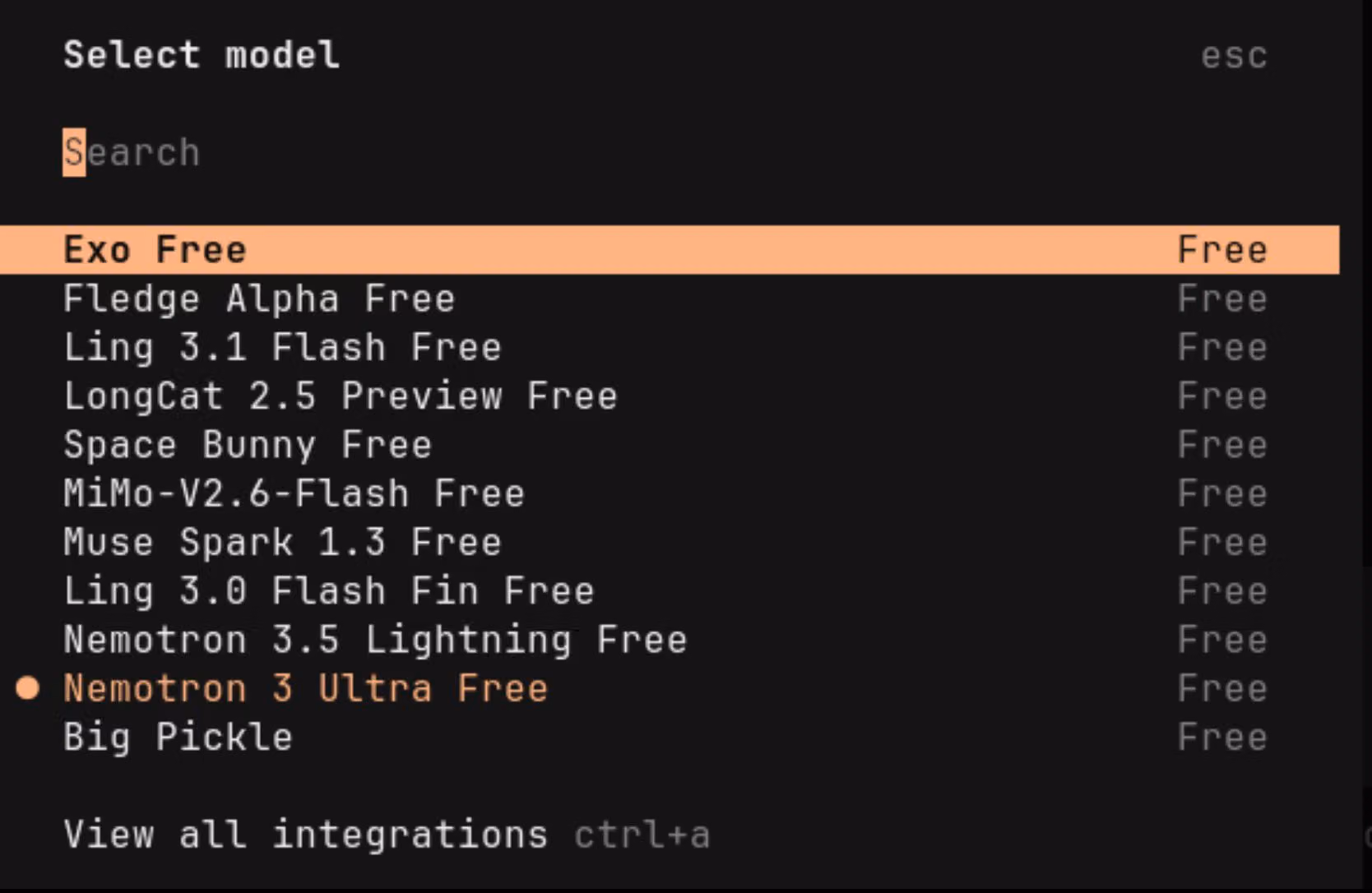 OpenCode’s model picker shows Exo Free highlighted with a Free label.