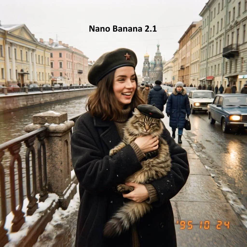 Supplied example labeled Nano Banana 2.1 shows a woman holding a cat beside a snowy city street.