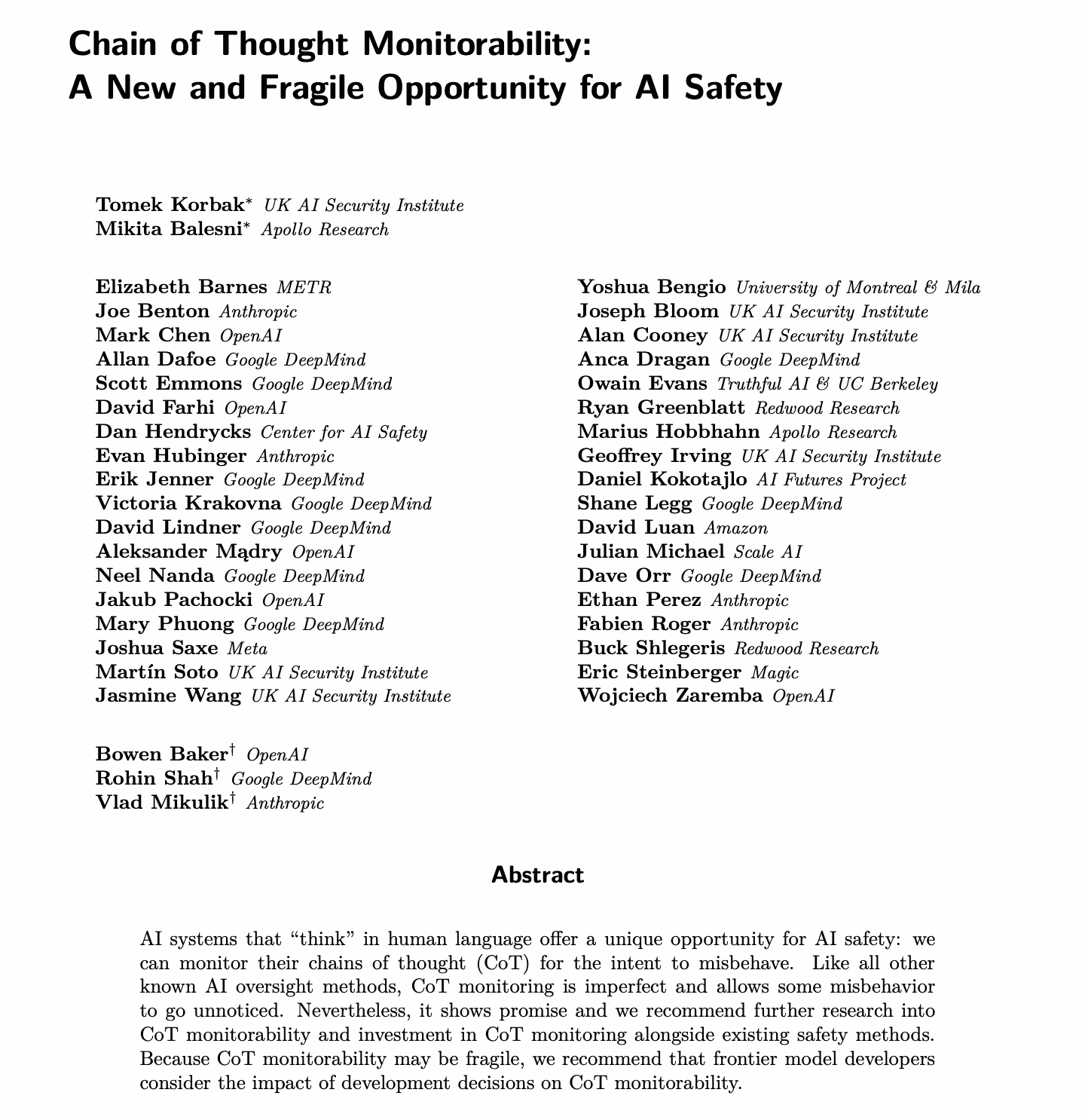 Cover page of the cited paper, “Chain of Thought Monitorability,” listing its co-authors and their affiliations.
