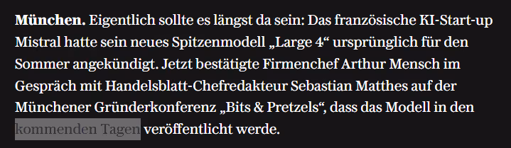 Handelsblatt excerpt says Arthur Mensch expected Mistral Large 4 to be published in the coming days