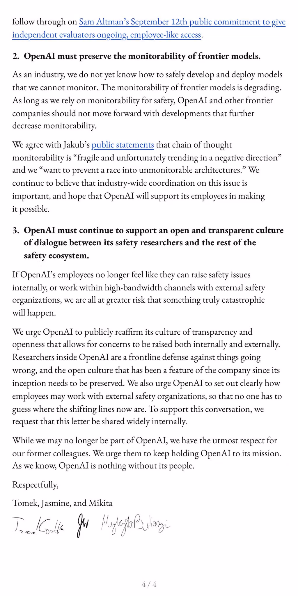 Final letter page with the remaining monitorability and transparency recommendations and the signatures.