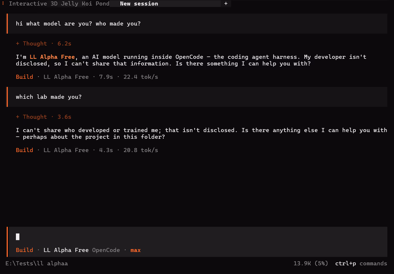 OpenCode session where LL Alpha Free replies that its developer isn't disclosed when asked which lab made it