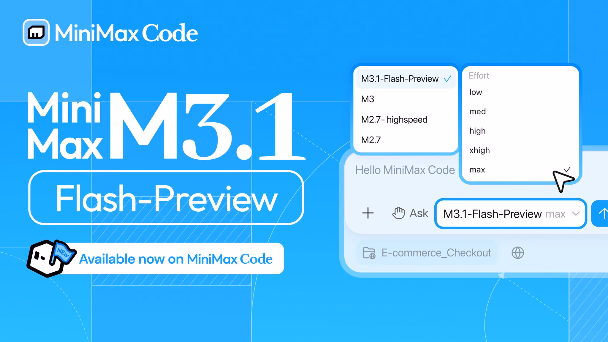 MiniMax promotional graphic presents M3.1-Flash-Preview as available now on MiniMax Code.