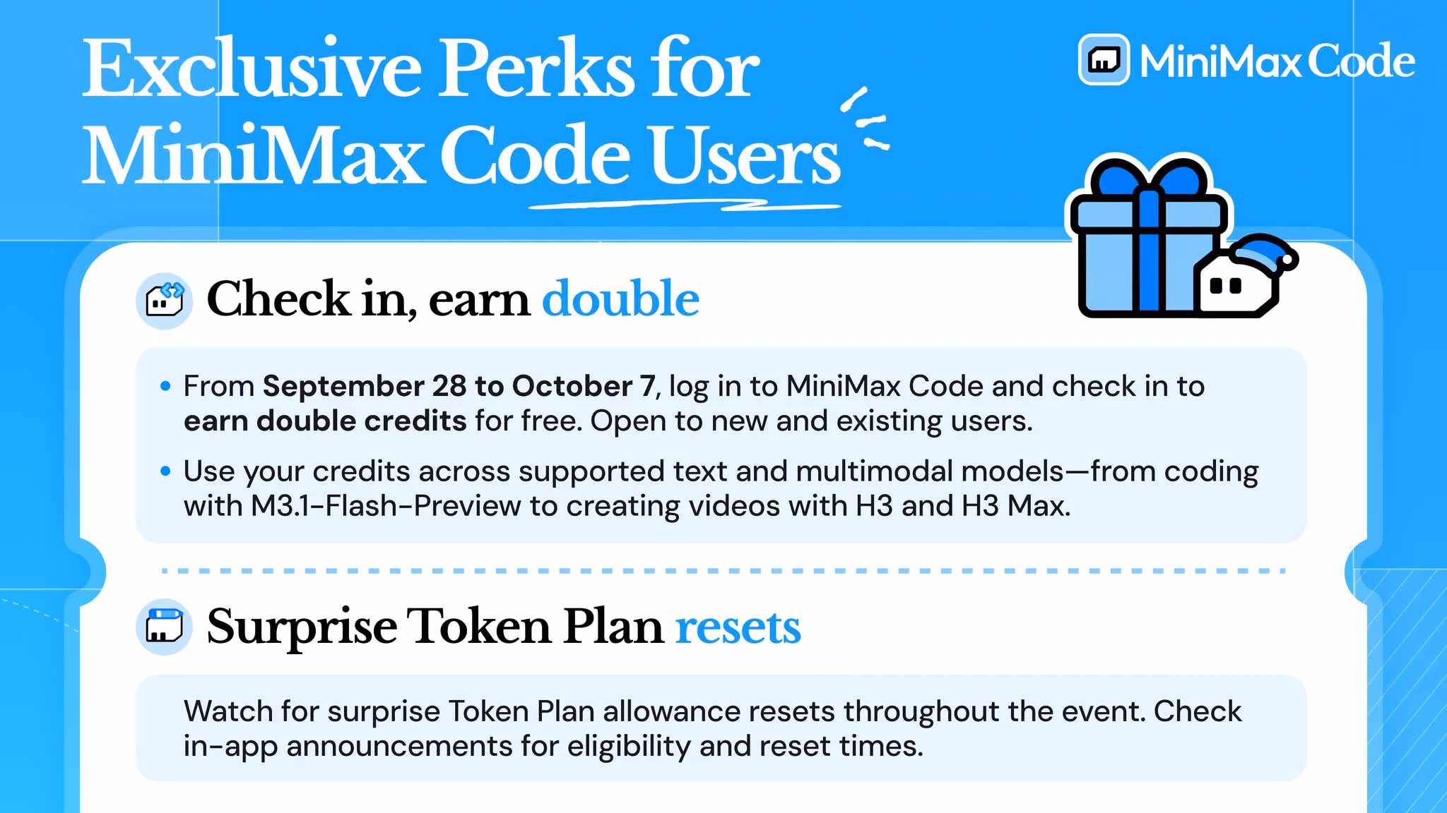 MiniMax promotional graphic separates daily double credits from Token Plan allowance resets.