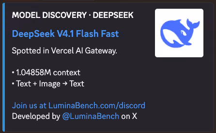 Model card reports DeepSeek V4.1 Flash Fast in Vercel AI Gateway with 1.04858M context and text-image input.