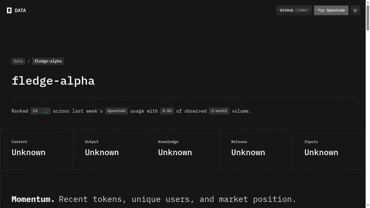 OpenCode’s Fledge Alpha page shows unknown model details and a rank of 23 in the displayed snapshot.