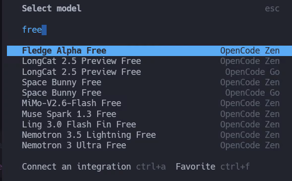 OpenCode’s model selector shows Fledge Alpha Free listed under OpenCode Zen among other free models.
