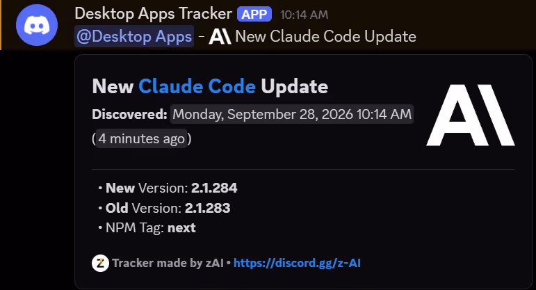 Opening post screenshot showing Claude Code 2.1.284 replacing 2.1.283 with the npm tag next.
