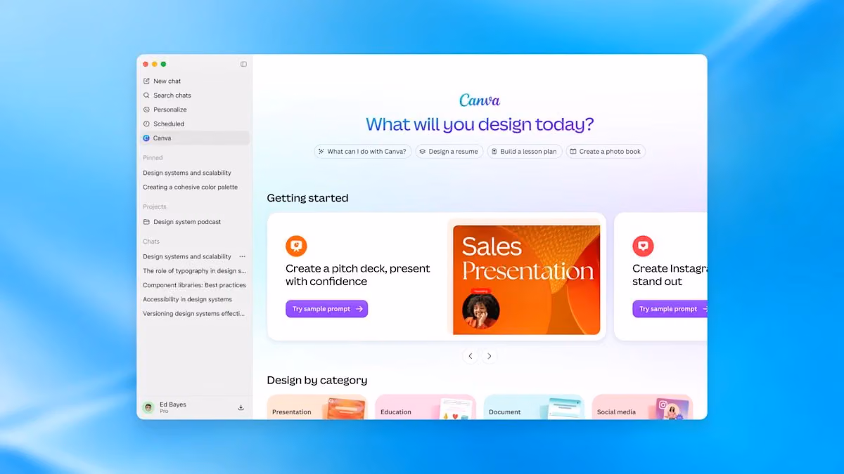 Promotional ChatGPT visual shows Canva with design prompts and categories inside the app.