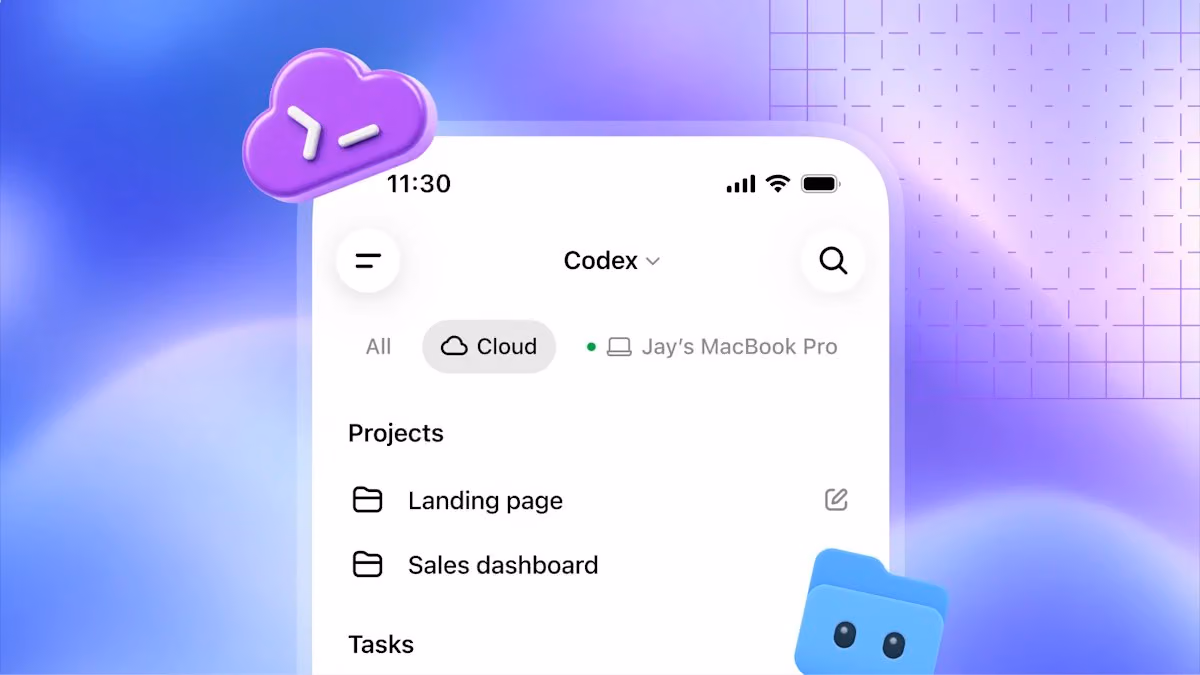 Promotional Codex visual shows a Cloud tab, device connection, projects and a tasks area.