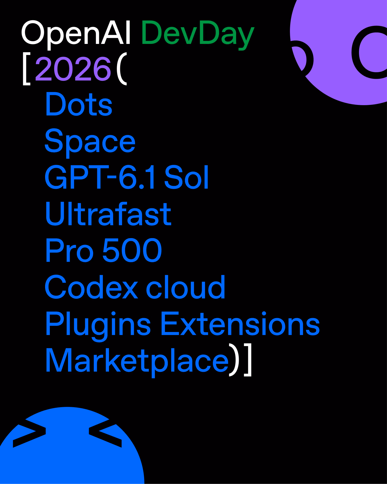 Promotional graphic lists Dots, Space, GPT-6.1 Sol, Ultrafast, Pro 500, Codex cloud, Plugin Extensions and Marketplace.