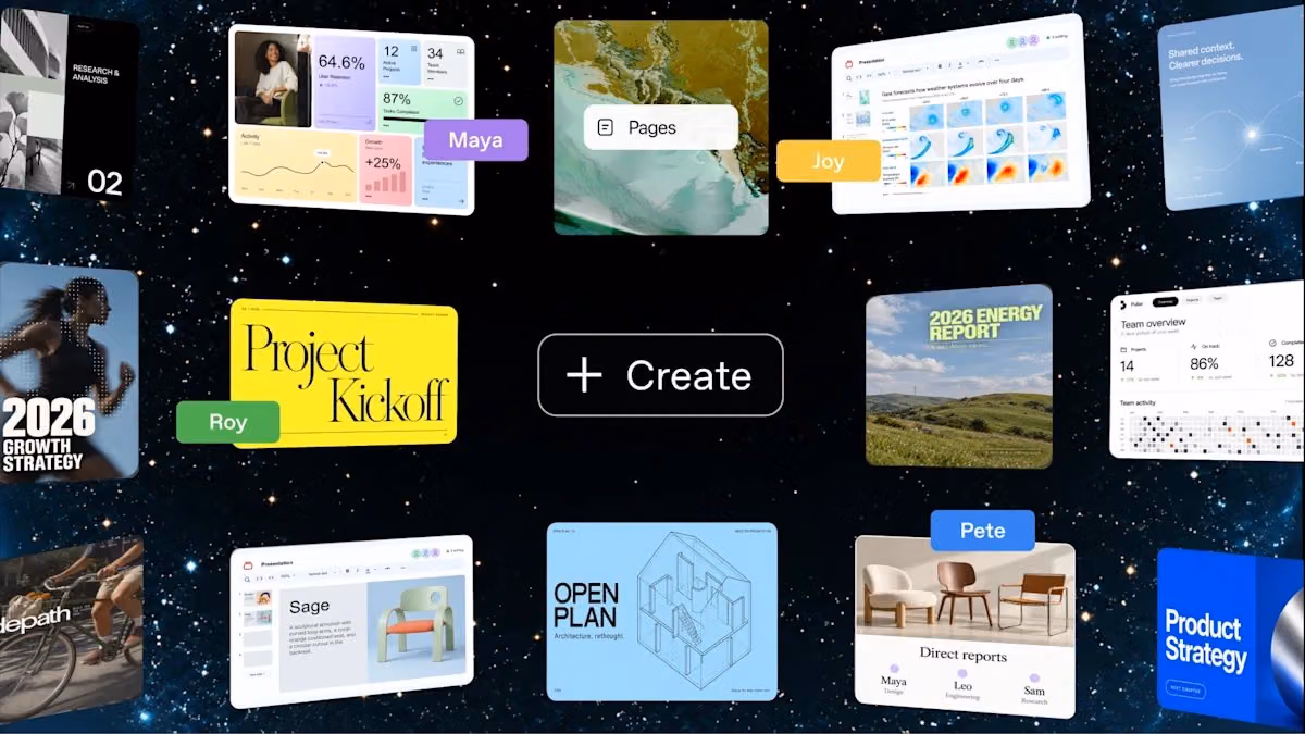 Promotional Space visual shows a central Create control among projects, dashboards, reports and collaborators.