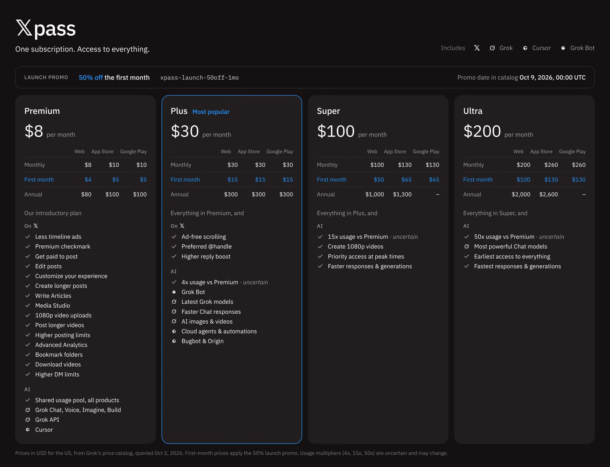 Reported Xpass catalog displays four tiers, a first-month promotion and an October 9, 2026 promo timestamp.