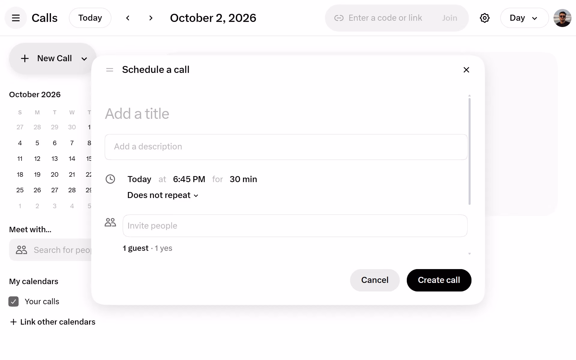 Scheduling screen shows title, description, timing, guest invitations and a Create call button.