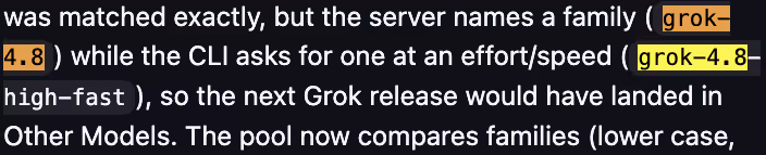 Screenshot distinguishes the reported Grok 4.8 family name from a CLI effort and speed variant.
