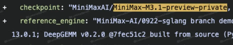 Screenshot from the opening post showing a reported private MiniMax M3.1 preview checkpoint identifier