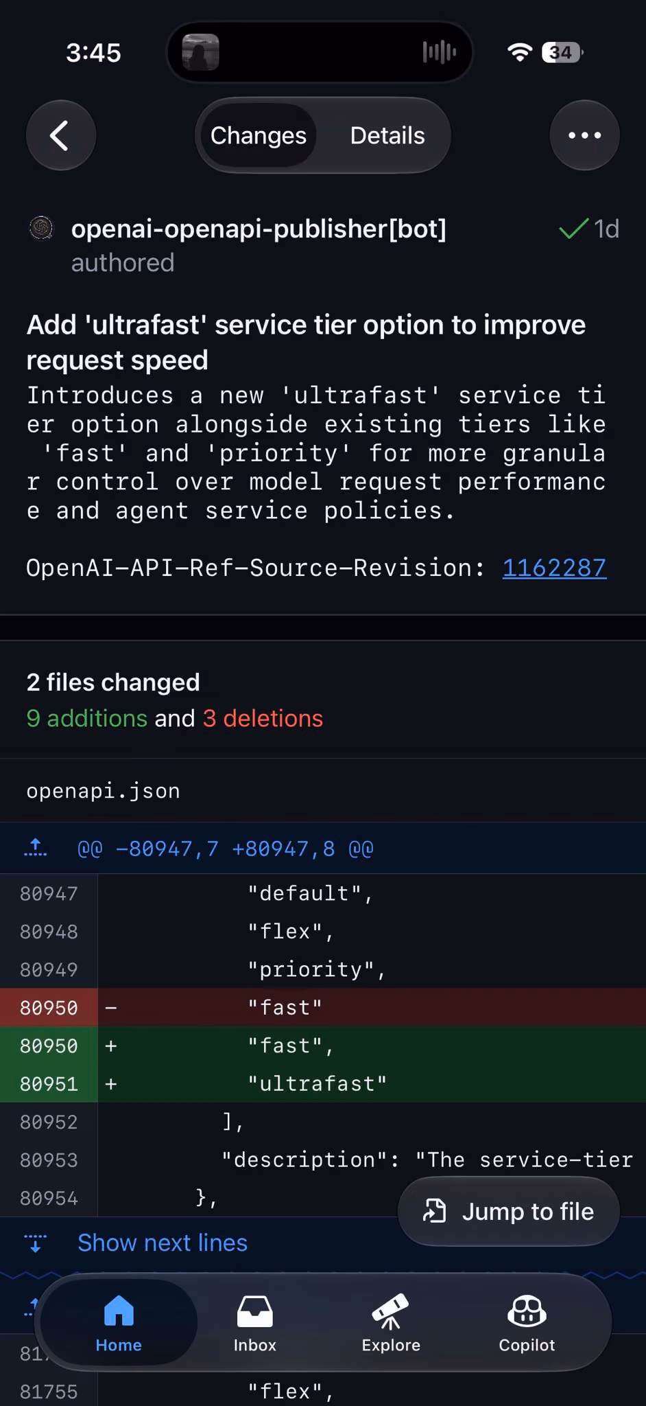 Screenshot of an OpenAI OpenAPI commit showing ultrafast added alongside default, flex, priority and fast in a service-tier list.