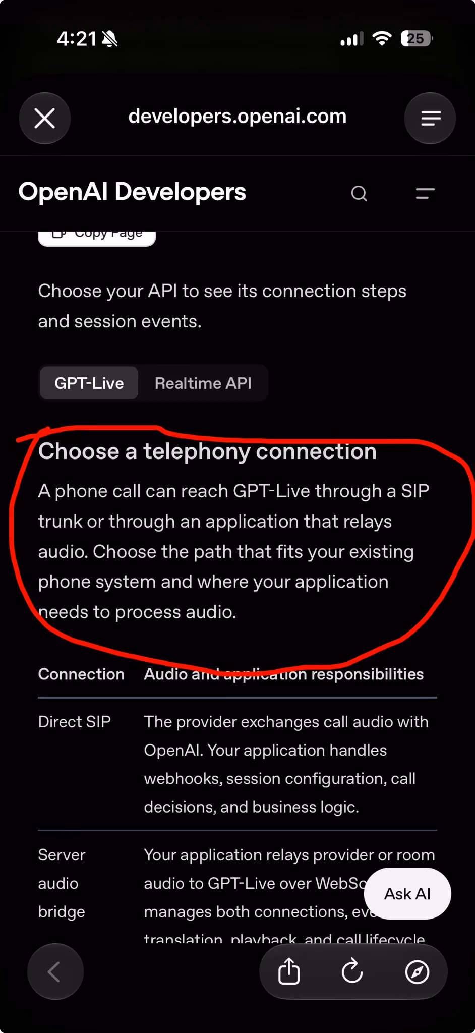 Screenshot showing GPT-Live documentation’s direct SIP and server audio bridge choices.